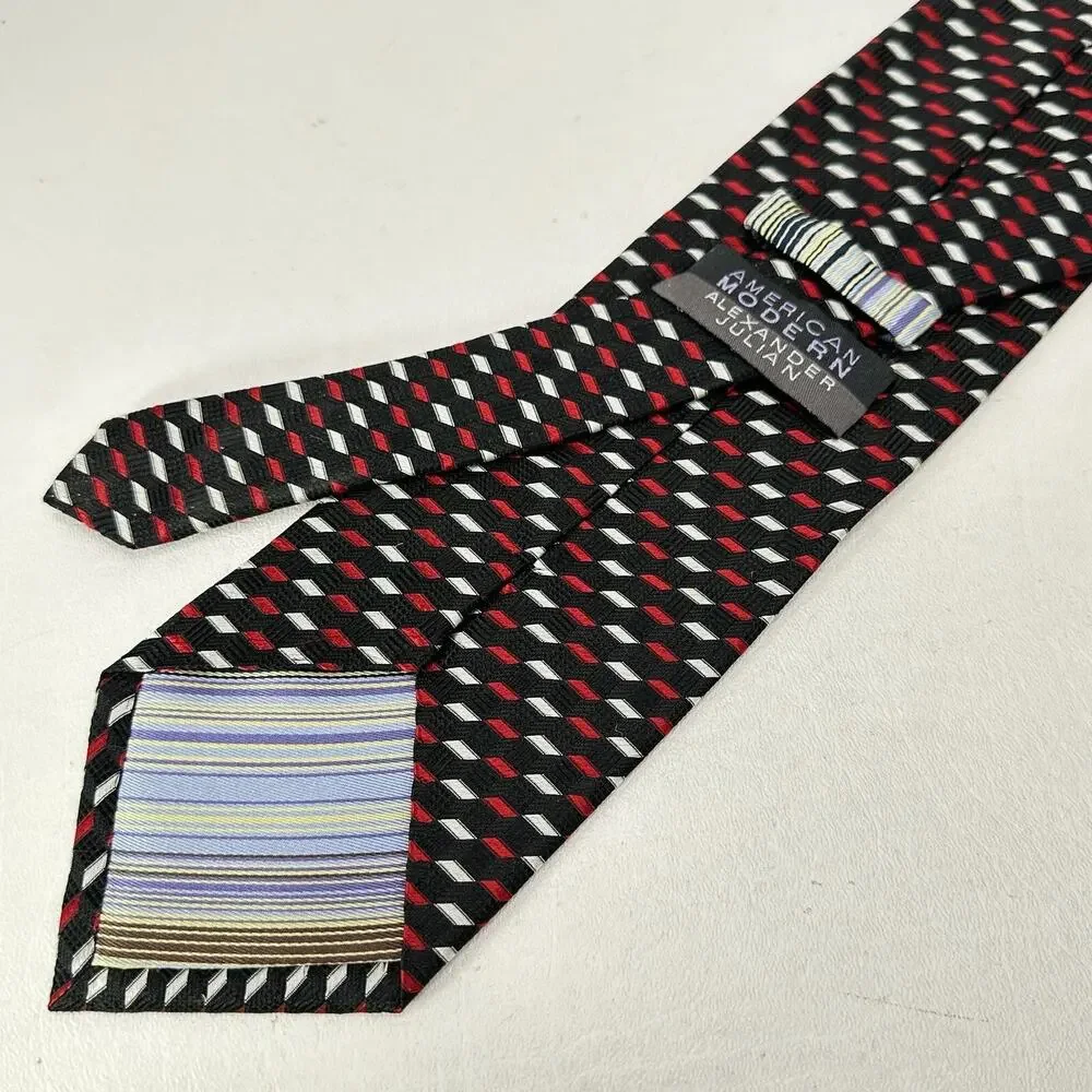 Alexander Julian Tie Mens in Red White Blue Diagonal Diamond Silk Wide